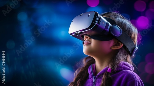 Girl in VR glasses on a purple background.
