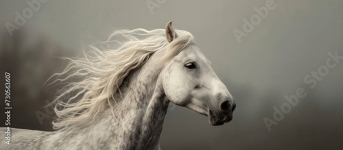A photograph of a gray Welsh pony with a lengthy mane.