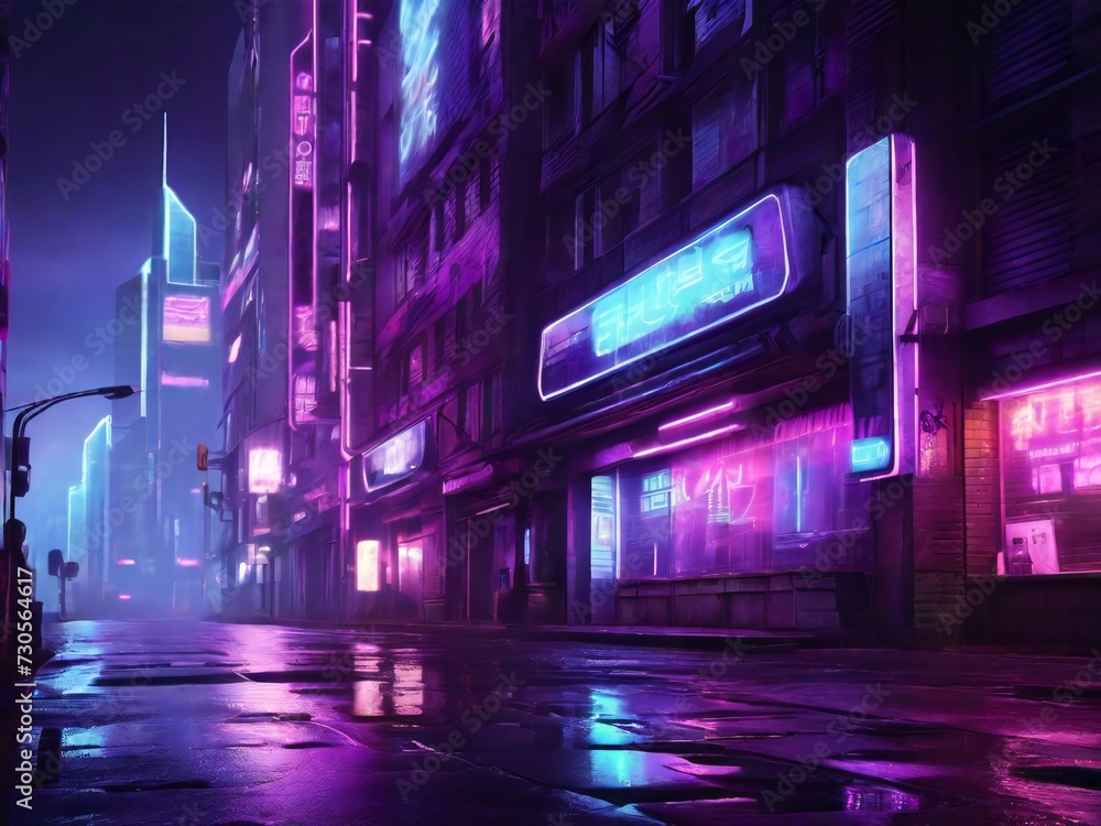 building with purple blue neon lights on cyberpunk style city street. Illustration of a beautiful night view. background for poster, banner, web, social media. ai generative design