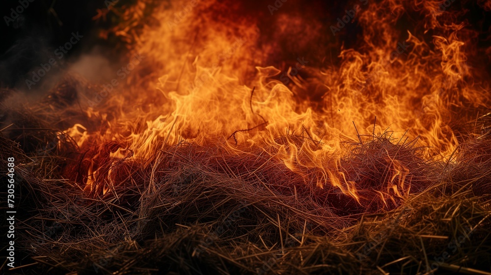 Image of a fire burning rice straw and hay. Image of a fire burning rice straw and hay.