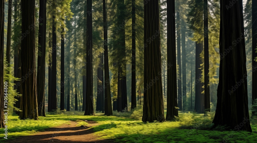 Obraz premium Image of a dense forest filled with tall trees.