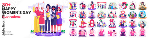 Huge Set Collection of International Women’s Day With Happy Multinational Diverse Women Celebrate Women's Day Set Illustration photo