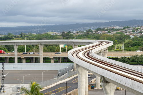 Honolulu, Hawaii,  USA - January 16, 2024: The rail line of Skyline in Honolulu International Airport, Hawaii.  photo