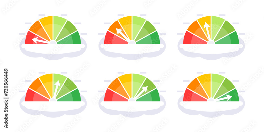 Speedometer set, gauge meter. Speed dial indicator. Scale, level of performance. Score progress. Vector illustration Speedometer set, gauge meter. Speed dial indicator. Scale, level of performance. Score progress. Vector illustration