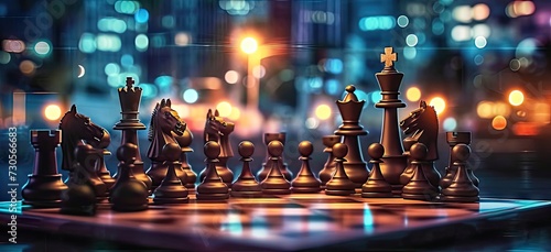 Strategically positioned chess pieces on board against backdrop of blurred city at night symbolizing intricacies of business competition and leadership captures essence of strategy photo