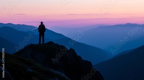 A solitary figure stands atop a rugged mountain against a twilight sky with layered mountain silhouettes. © Rudsaphon