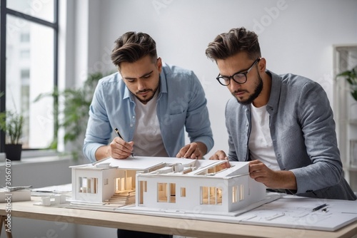 Young architect inspects and works on house plans in white office with colleagues