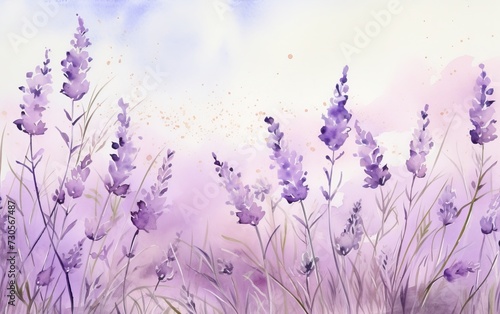 Watercolor painting of lavender flowers on a soft purple background.