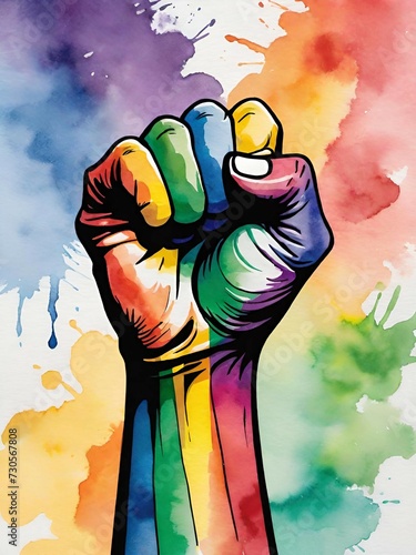 a colorful fist with a rainbow background