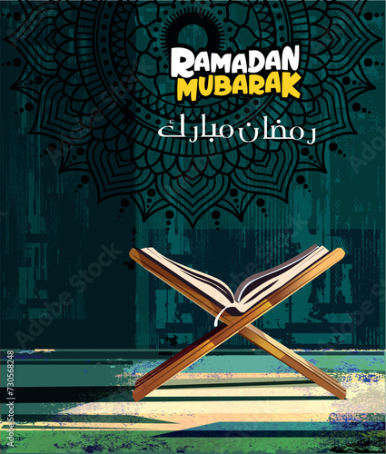 Happy Ramadhan islamic creative background for poster, card . rehal with quran concept