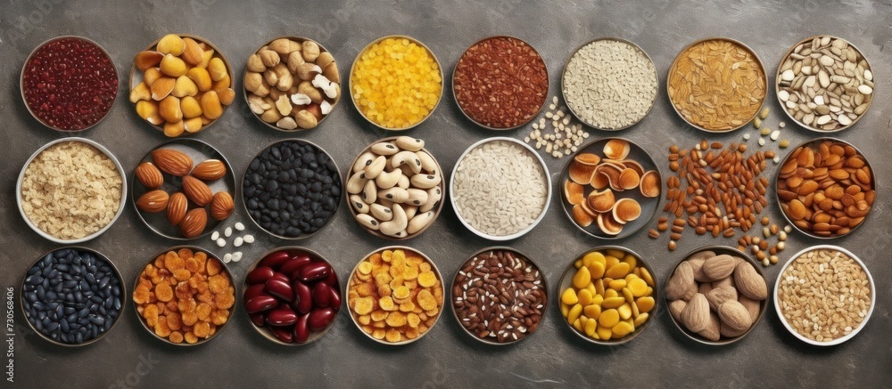 A variety of nuts, dried fruits and seeds are neatly arranged A variety of nuts, dried fruits and seeds are neatly arranged