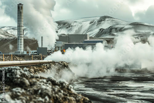 Harnessing of geothermal energy for power generation, featuring geothermal plants and the technology involved.