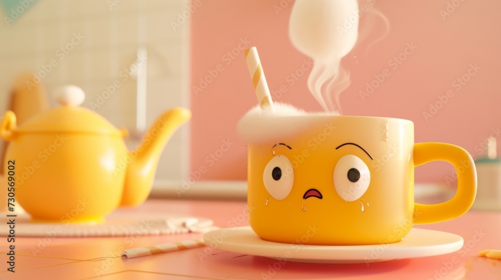 Cartoon scene A straw struggling to keep its cool as it sips from a boiling hot cup of tea steam coming out of its top in panic. Cartoon scene A straw struggling to keep its cool as it sips from a boiling hot cup of tea steam coming out of its top in panic.