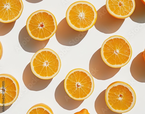 Vibrant and fresh oranges neatly arranged to create bright and healthy backdrop on white surface showcasing juicy appeal of nutritious fruit composition captures essence of summer