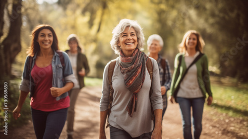 Group of mature female friends walking along path through campsite, surrounded by serene nature.