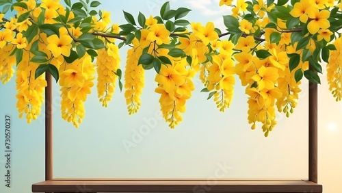 Cassia fistula or kanikonna flower background with empty space for text and wooden platform, kerala vishu festival background photo