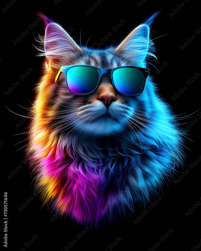 Portrait of a cat in sunglasses with iridescent fur. Black background. modern print for clothes, t-shirts.
