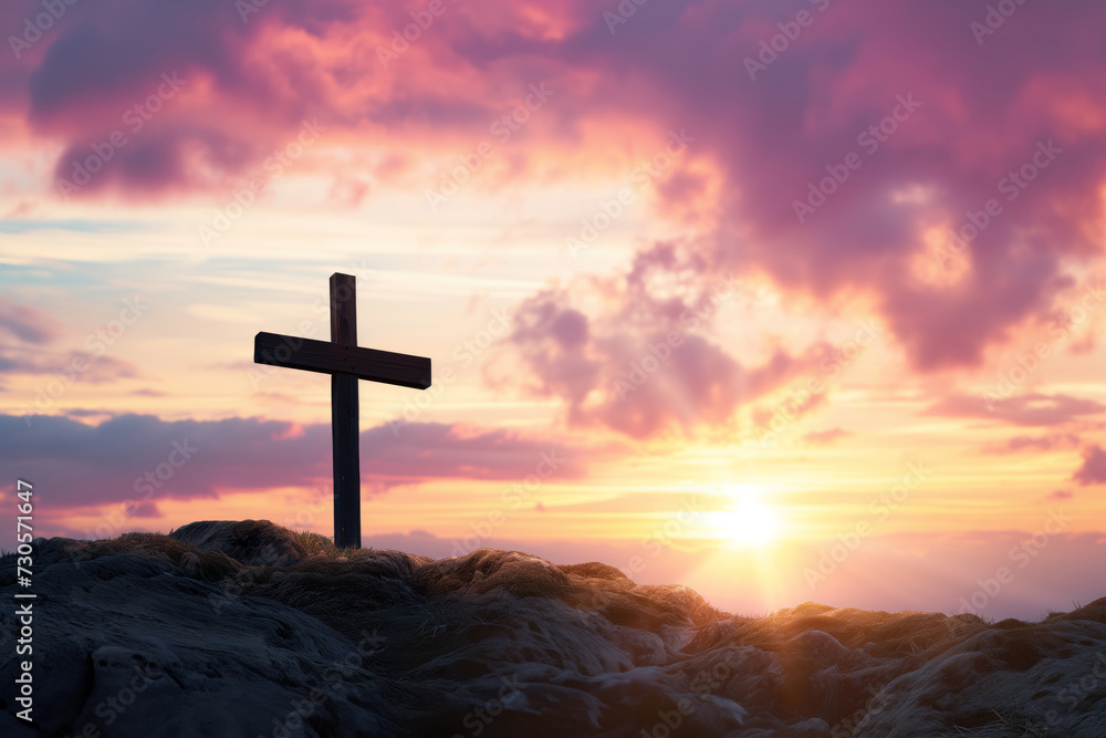 Easter cross on dawn as symbol of a Christianity AI Generative