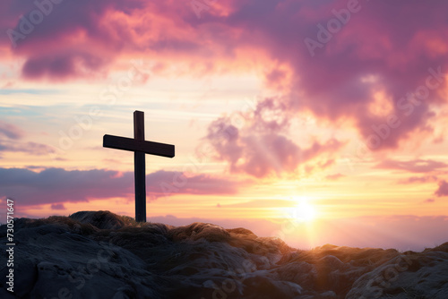 Easter cross on dawn as symbol of a Christianity AI Generative