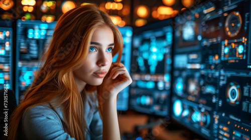 thoughtful woman with blonde hair is surrounded by glowing screens with data