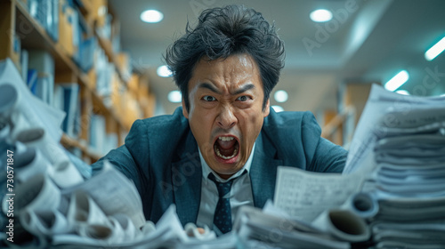 Stressed asian businessman yelling with paperwork flying in an office setting, depicting work overload and frustration.