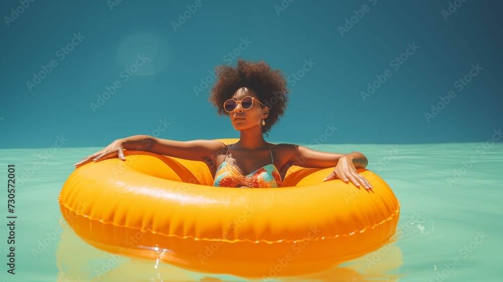 Obraz premium Image of a girl in a pool, inside an inflatable circle.