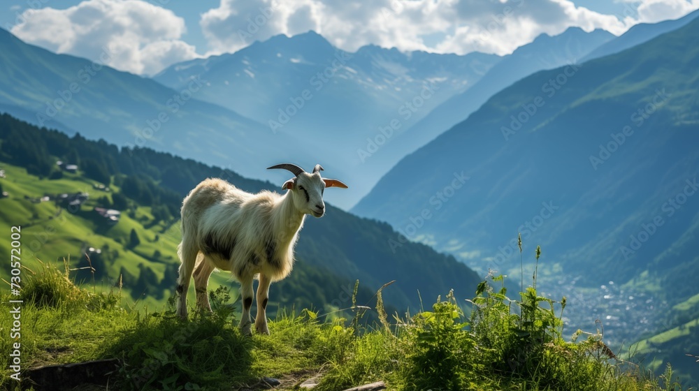 Image of a goat, on a lush mountain.