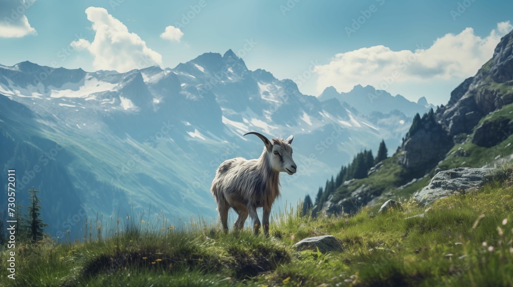 Image of a goat, on a lush mountain.