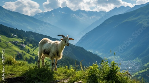 Image of a goat  on a lush mountain.