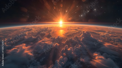 Shining Sun Rising over Clouds in Space View