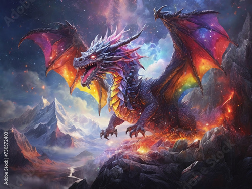 Dragon’s Fiery Flight Across the Celestial Rainbow Generative AI © Darian