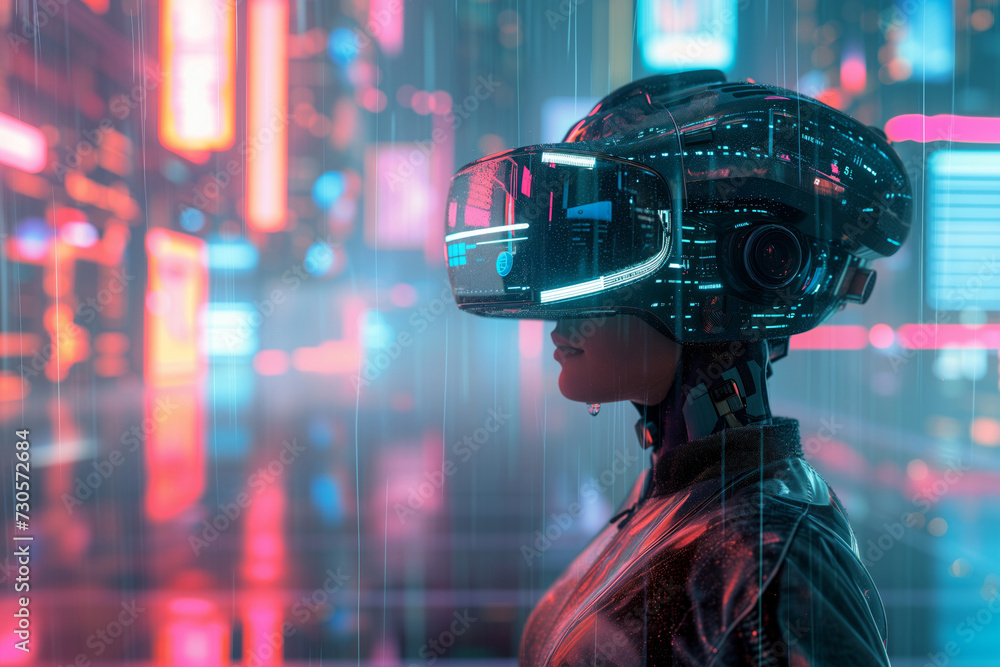 Neon Dreams: Cybernetic Entity Exploring Virtual Metropolis