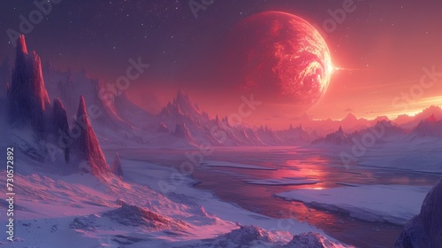 Red Planet with Snow on an Icy Landscape