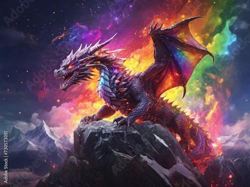 Dragon   s Fiery Flight Across the Celestial Rainbow Generative AI