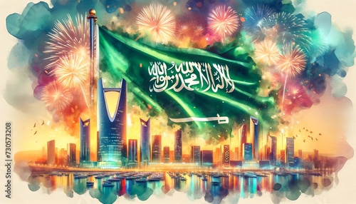 Watercolor painting style illustration tof big wavinig saudi arabia flag and skyline with fireworks.