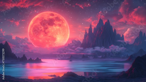 Red Moon in the Night Sky with Mountains and Rivers