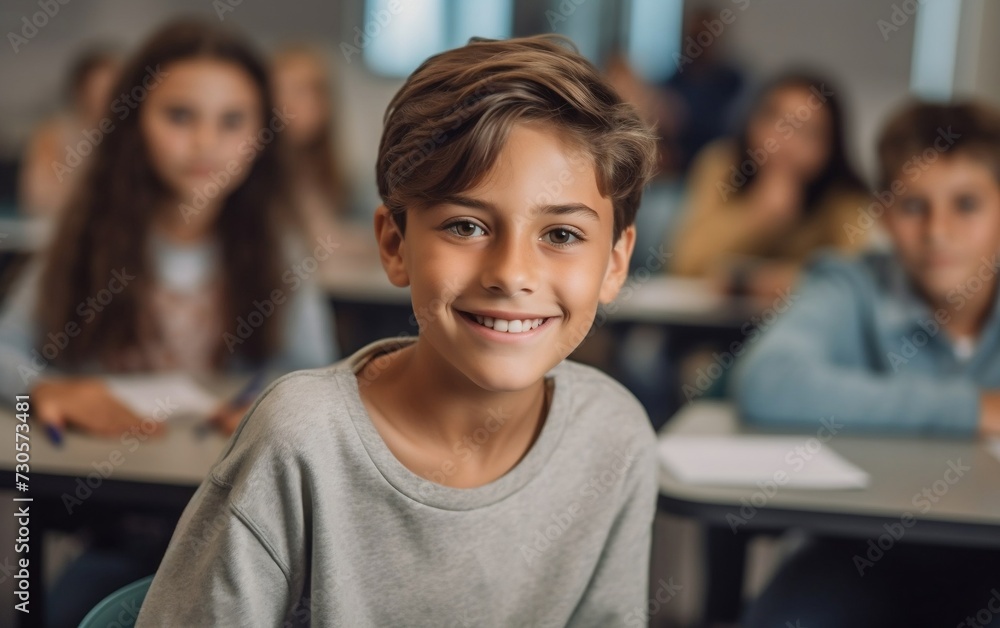 Smiling Young Boy in Front of Classroom of Students Smiling Young Boy in Front of Classroom of Students