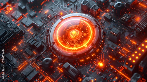 Glowing Red Halo Surrounding Electronic Circuit Board