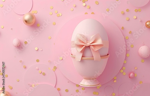 Easter egg with gold bow on pink background. 3d render