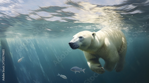 Underwater View of Polar Bear Swimming with Fish
