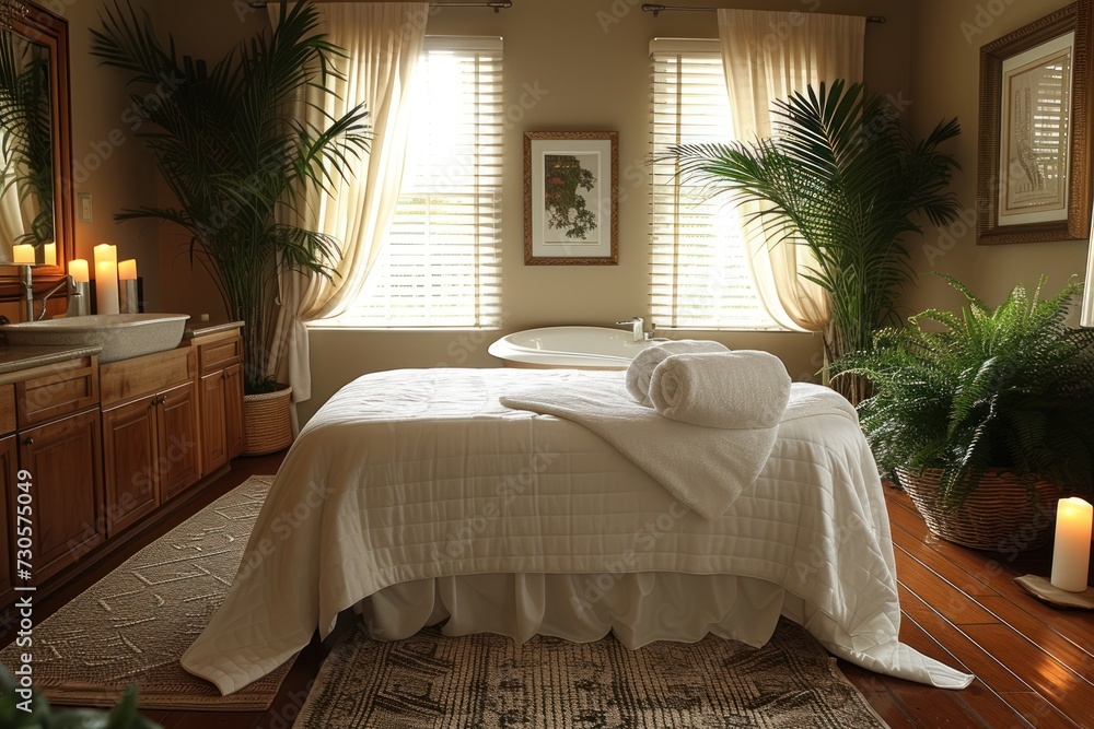 Obraz premium A room with a soaking tub inside a spa business