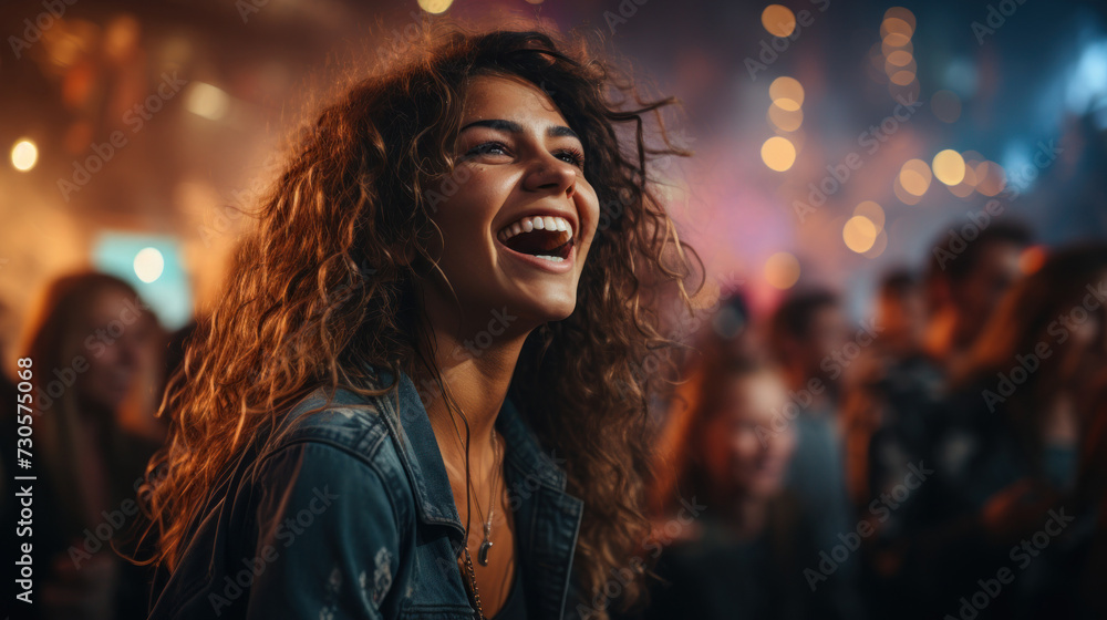 Joyful Woman Laughing at Outdoor Evening Event