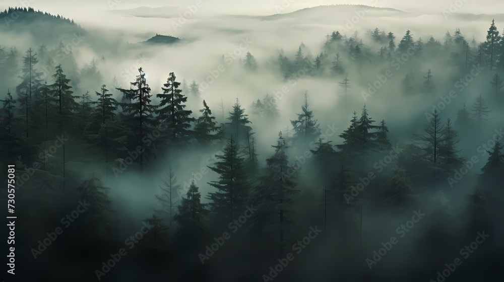 Forest landscape, exotic foggy forest Forest landscape, exotic foggy forest
