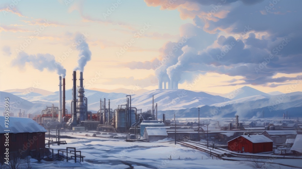 Industrial Plant Emitting Smoke in Winter Landscape