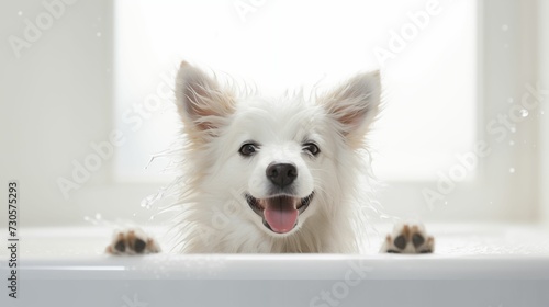 Image of a wet dog taking a bath. © kept