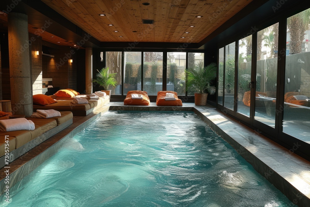 A room with a soaking tub inside a spa business
