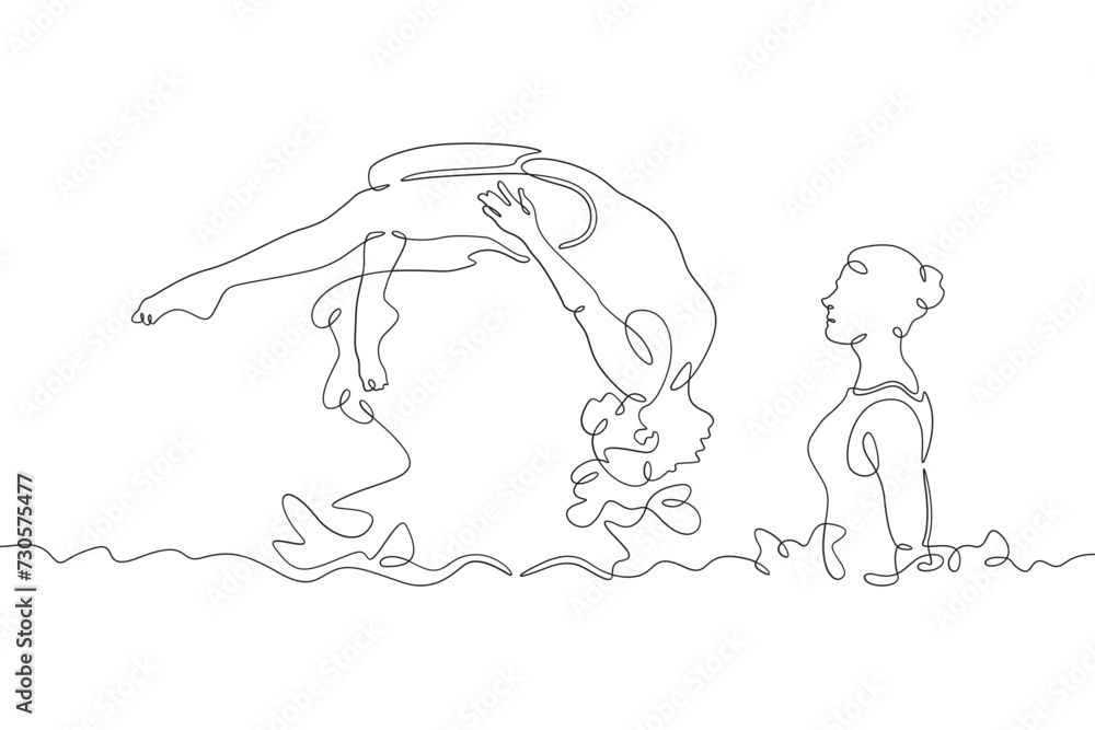 Women's synchronized swimming duet. Olympic water sport. Girls are swimming. Synchronized swimming . Women athletes. One continuous line drawing. Linear. Hand drawn, white background. One line