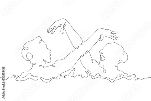 Women's synchronized swimming duet. Olympic water sport. Girls are swimming. Synchronized swimming . Women athletes. One continuous line drawing. Linear. Hand drawn, white background. One line