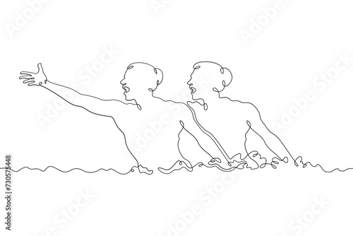 Women's synchronized swimming duet. Olympic water sport. Girls are swimming. Synchronized swimming . Women athletes. One continuous line drawing. Linear. Hand drawn, white background. One line