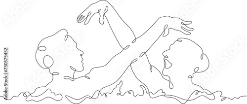 Women's synchronized swimming duet. Olympic water sport. Girls are swimming. Synchronized swimming . Women athletes. One continuous line drawing. Linear. Hand drawn, white background. One line